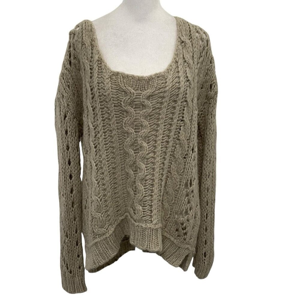 Free People Beige Cable Knit Scoop Neck Sweater